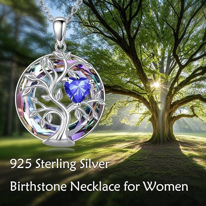 Tree Of Life Birthstone Necklace 925 Sterling Silver Crystal Family Tree Pendant Necklaces Heart Birthstone Jewelry For Women Female Anniversary Birthday Gifts