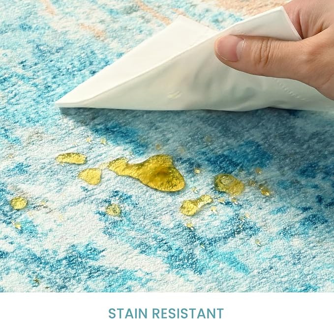 Ompaa Living Room Rug 8x10 Teal Blue Area Rugs Machine Washable Abstract Boho Large Rug Non-Slip Non-Shedding Faux Wool Indoor Vintage Carpet for Bedroom, Classroom, Dining Room, Kids Playroom