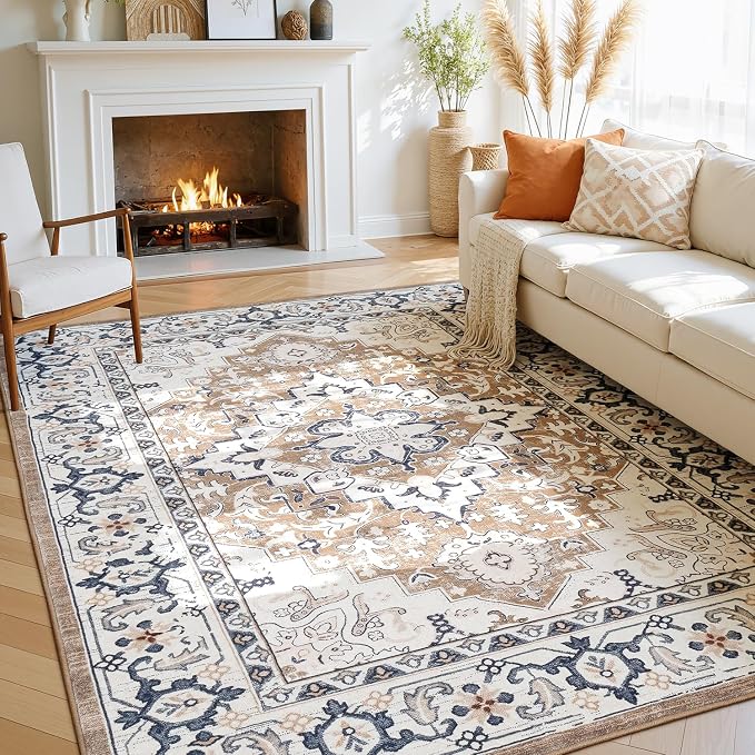 5x7 Washable Rugs, Area Rugs for Living Room, Bedroom, Kitchen, Vintage Boho Carpets, Soft Non-Slip Low Pile Large Area Rug for Dining Room Home Office Indoor Nursery, Brown Cream