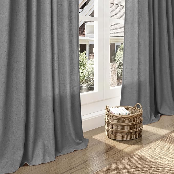 Dark Grey Linen Curtains 96 Inches Long for Living Room Burlap Textured Linen Drapes Rod Back Tab Vintage Rustic Farmhouse Light Filtering Curtain 96 Inch Length for Dinning Room Bedroom 52x96