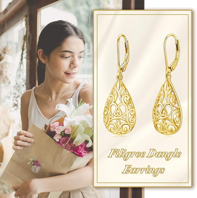 VONALA Filigree Teardrop Earrings for Women Sterling Silver Filigree Teardrop Dangle Earrings Filigree Leverback Earrings for Women Birthday Gift