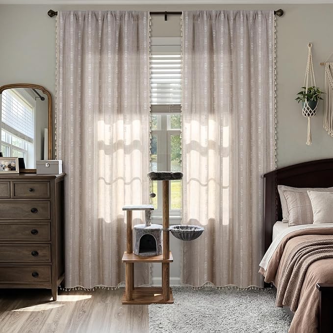 ColorBird Boho Curtains Linen-Textured for Living Room Bedroom Light Filtering 84 Inches Natural Brown Farmhouse Curtains & Drapes Embroidered Striped for Dining Closet Dooraway Window Treatment