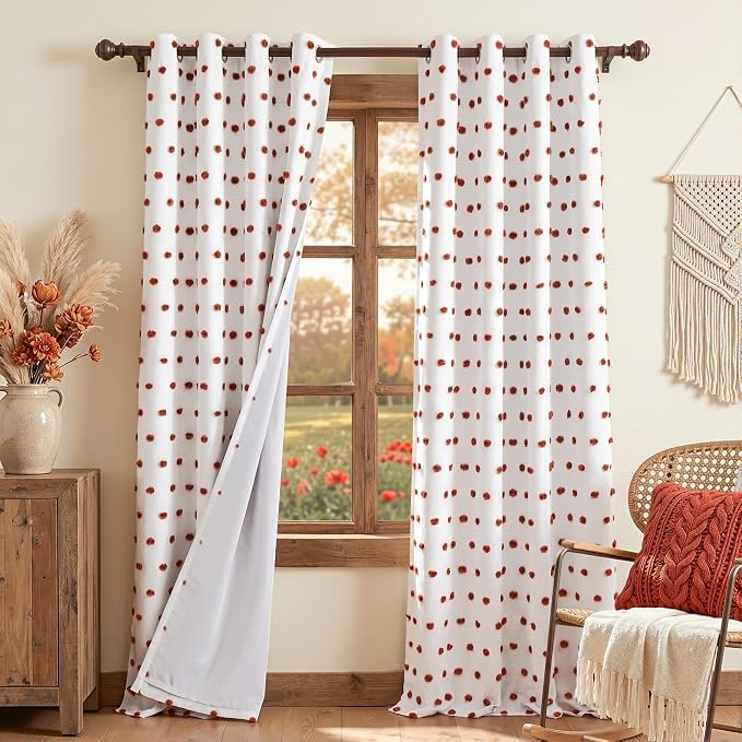 MYSKY HOME Blackout Bohemian Curtains for Living Room 95 Inch Long Nursery Curtain for Sliding Door Grommet 100% Room Darkening Bedroom Drapes with Brick Red Pom Pom Sheer 52 x 95 in, 2 Panels
