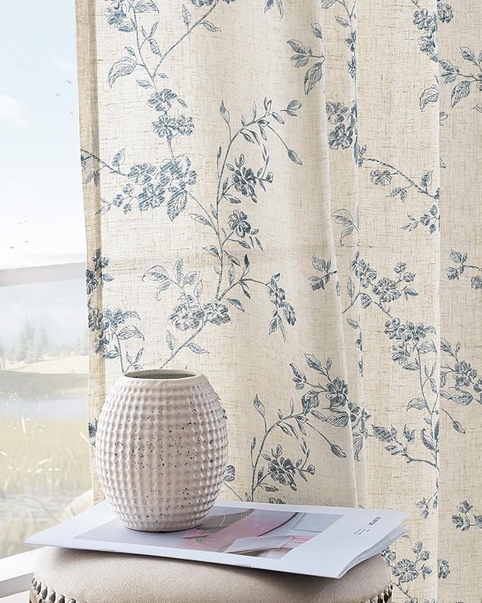 jinchan Blue Floral Linen Curtains 96 Inch French Country Back Tab 2 Panels | Flower patterned drapes, farmhouse, printed, light filtering, bedroom, living room, kitchen, window treatment, rod pocket