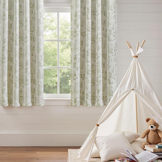 jinchan Green Blackout Curtains W38xL63 Whimsical Back Tab 2 Panels | Room darkening,nursery kids bedroom,privacy,whimsical,cottagecore,bunny pattern,botanical,nature-inspired decor
