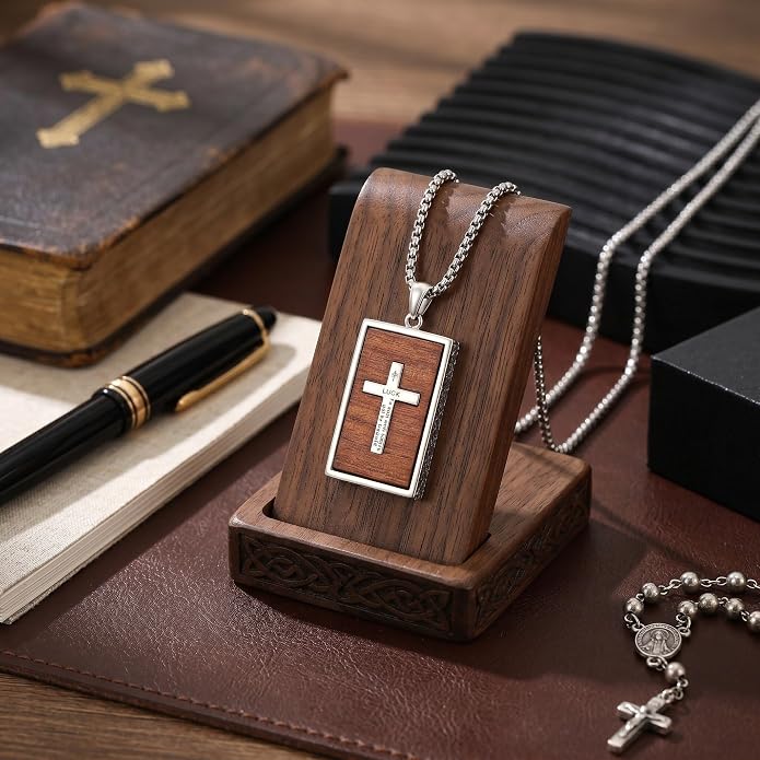 ONEFINITY Wooden Necklace Viking Wolf/St Benedict Medals/St Michael/Crucifix/St Christopher Pendant Necklace for Men Archangel Amulet Wooden Religious Jewelry Gifts for Men Women