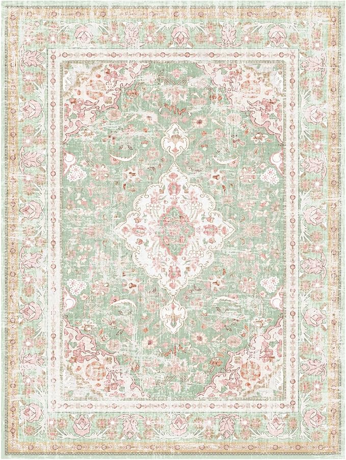 Vhong Washable Area Rugs Boho Vintage Modern Neutral Small Carpet Green and Pink High Traffic Rugs 4×6 for Dinning Room Living Room Bedroom Farmhouse Non Slip