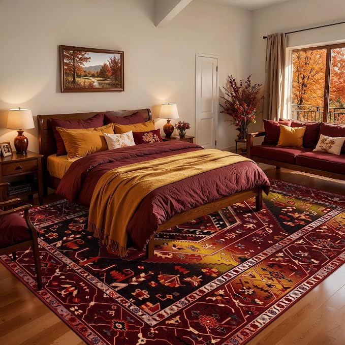 SERISSA Washable Rugs 8x10 Area Rugs, Large Non-Slip Boho Living Room Rug, Ultra Soft Oriental Vintage Rustic Red Gold Print Distressed Carpet for Dining Room Bedroom Dorm Office Home Decor