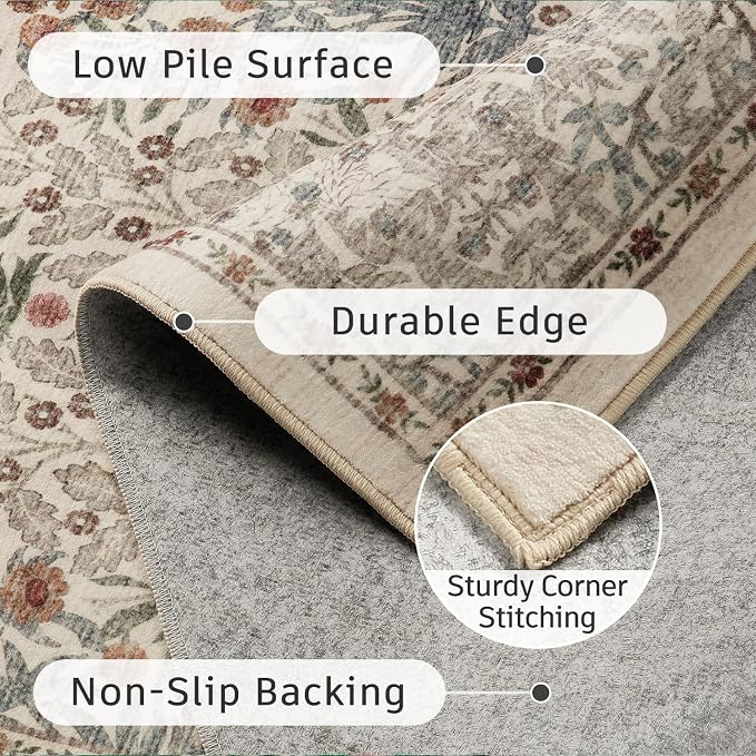 DCX Beige 6x9 Area Rug, Machine Washable Non Slip Stain Resistant Soft Vintage Floral Rug, for Living Room, Bedroom, Dining Room, Soft Low Pile Large Carpet