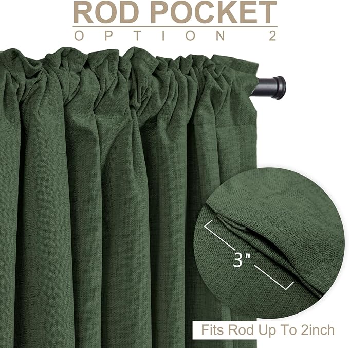 100% Blackout Shield Green Linen Blackout Curtains for Bedroom 84 Inches Long, Back Tab/Rod Pocket Living Room Drapes, Thermal Insulated Blackout Curtains 2 Panels Set, 50" W x 84" L,Loden