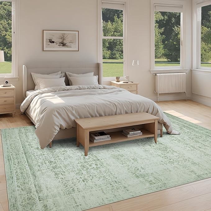 8x10 Vintage Washable Area Rug, Light Green | Living Room,Low Pile Non Slip Carpet Non-Shedding Large Soft Indoor Stain Resistant Floral Print Mat for Bedroom Dining Room
