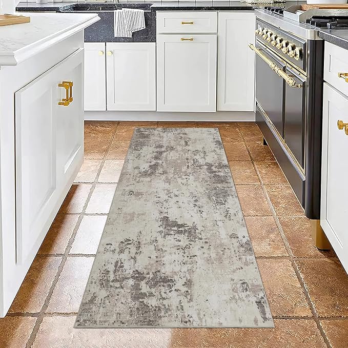 ROYHOME Modern Abstract 2x10 Runner Rug Washable Non Slip Stain Resistant Rug for Hallway Kitchen Bedroom Non Shedding Low Pile Indoor Floor Cover,Brown Grey