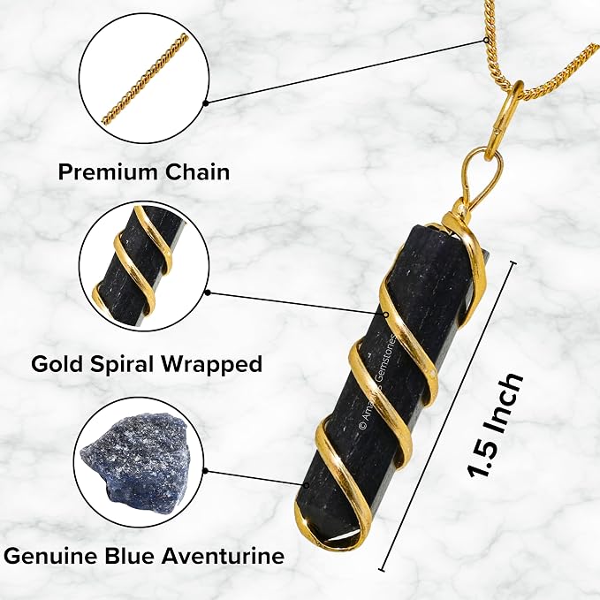 Blue Aventurine Crystal Necklace Pendant For Women, Gold Wire Wrapped Dainty Minimalist Healing Crystal Necklaces For Men Unisex Necklace Jewelry With 20" Inches Adjustable Chain & Leather Cord