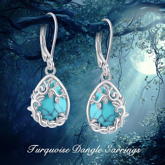 Vito 925 Sterling Silver Teardrop Earrings for Women, Moonstone Turquoise Drop Dangle Earrings Cat Snake Turtle Tree of Life Leverback Earrings Boho Jewelry Gift for Mom Wife