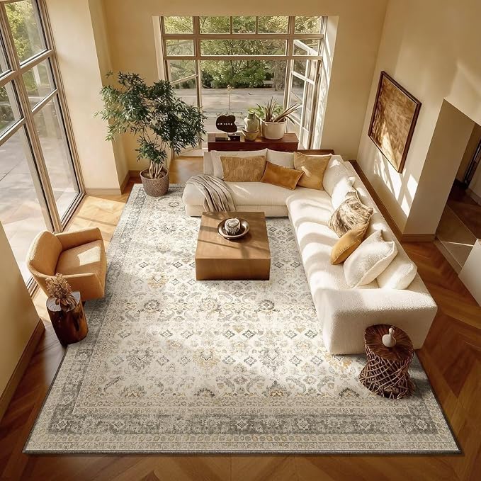 Boho Washable 8x10 Area Rugs for Living Room, Cushioned, Beige/Grey | Vintage Non-slip Neutral Oriental Rugs for Bedroom Dining Room Nursery Office High Traffic Area