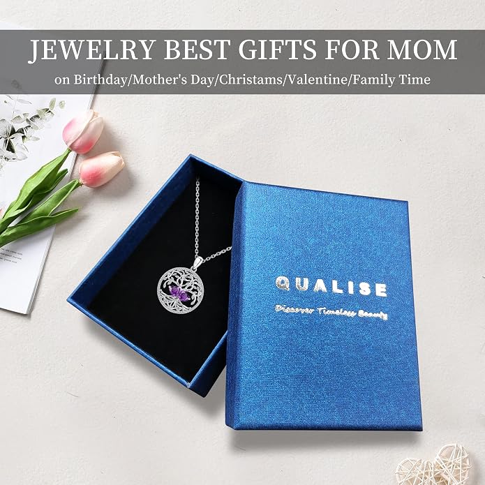 Mothers Day Gifts for Women，925 Sterling Silver Family Tree of Life Pendant Necklaces with 2 Heart Birthstone Jewelry Birthday Anniversary Christmas Gifts for Her Girlfriend Mom Wife Grandma Daughter