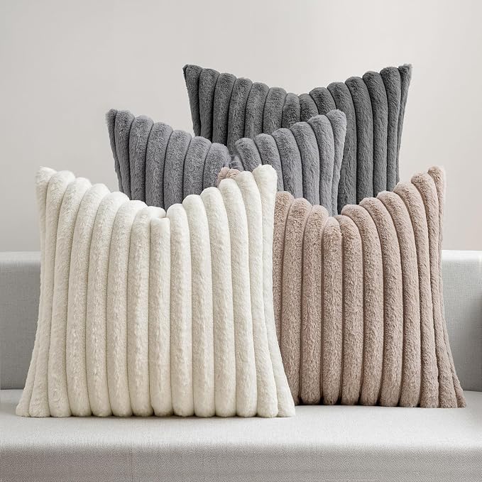 MIULEE Faux Fur Plush Decorative Throw Pillow Covers 18x18 Set of 4, Boho Farmhouse Soft Fuzzy Striped Cushion Covers for Sofa Couch Bed Living Room Vintage Rustic Home Decor,Grey Taupe