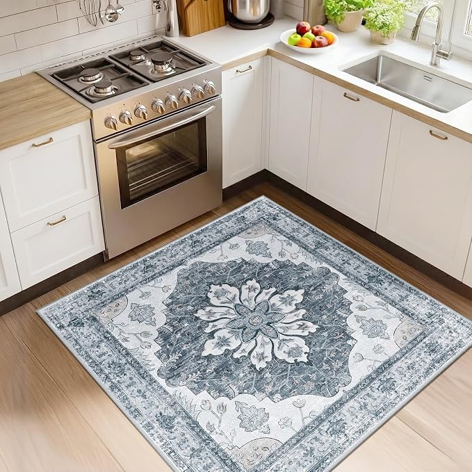 RELEANY Area Rugs Square 4ft Washable Non-Slip, Floral Vintage Distress Medallion Carpet for Living Room Bedroom Dining Room, Light Gray Grey White