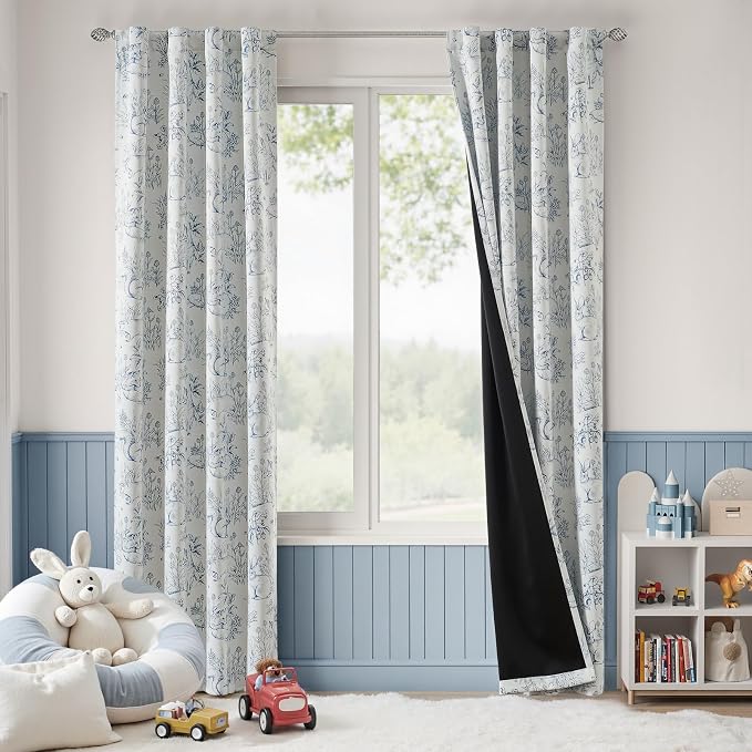 jinchan Blue Blackout Curtains W38xL84 Whimsical Back Tab 2 Panels | Room darkening,nursery kids bedroom,privacy,whimsical,cottagecore,bunny pattern,botanical,nature-inspired decor