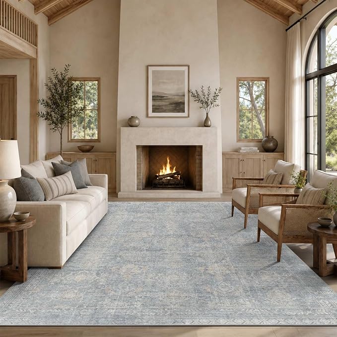 Rugxara 8x10 Area Rugs for Living Room Large Washable Rug, Blue/Beige | Non Slip, Rug for Dining Room Bedroom Office, Stain Resistant, Soft, Low Pile, Vintage Boho Retro Carpet, Washable,Home Decor