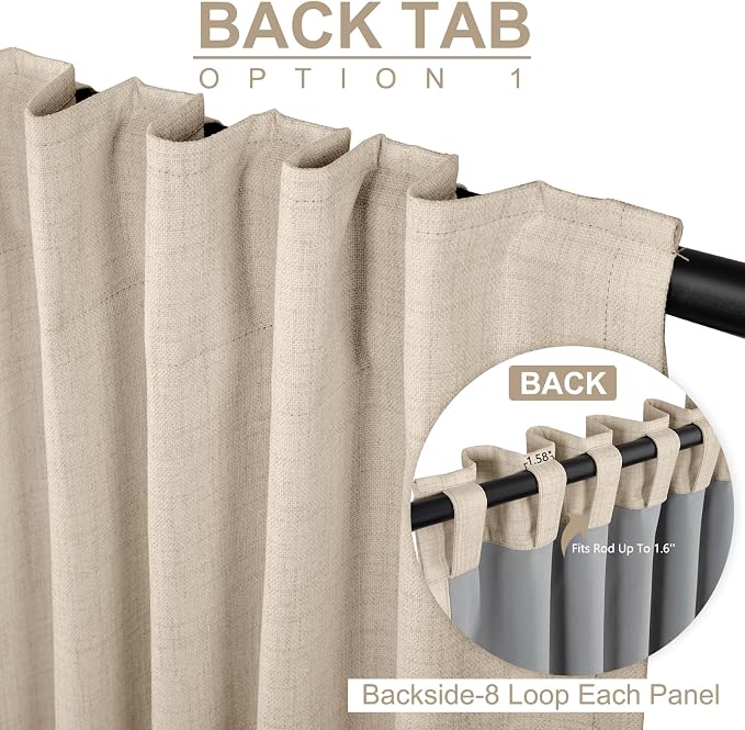 100% Blackout Shield Linen Blackout Curtains for Bedroom 84 Inches Long, Back Tab/Rod Pocket Living Room Drapes, Thermal Insulated Blackout Curtains 2 Panels Set, 50" W x 84" L, NaturalFlax