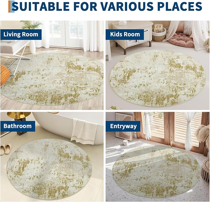 ROYHOME Modern Abstract 8x8 Round Area Rug Non Slip Non Shedding Rug Low Pile Stain Resistant for Bedroom Living Room Office Dining Room,Golden Grey