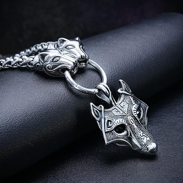 BAVIPOWER Viking Amulet Pendant with Big Wolf Head Chain Necklace 316L Stainless Steel Norse Scandinavian Necklace Authentic Viking