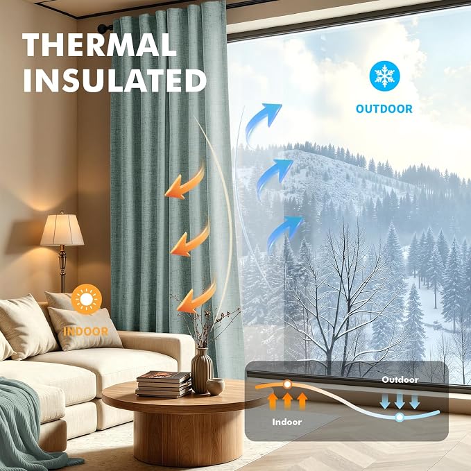 MIULEE 100% Blackout Linen Curtains 42 x 96 Inch Seafoam Green 2 Panels | Thermal Insulated, Room Darkening Drapes for Bedroom Living Room, Back Tab Rod Pocket Pinch Pleated, Solid Luxury Decor
