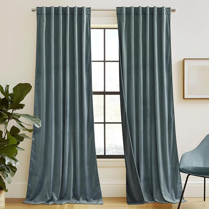 RYB HOME Dusty Blue Velvet Curtains for Bedroom Living Room, Thermal Insulated Privacy UV Heat Blocking Luxurious Soft Rod Pocket Back Tab Drapes for Nursery, 52" W x 80" L, 2 Panels