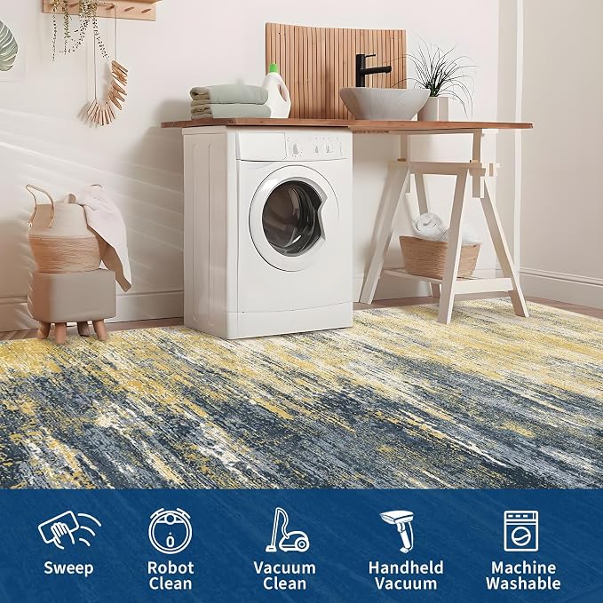 ROYHOME Modern Abstract Living Room Rug 8x10, Washable Area Rugs for Bedroom, Stain Resistant Non Slip Large Rug, Soft Indoor Carpet for Dining Room Table Home Decor, Yellow/Black