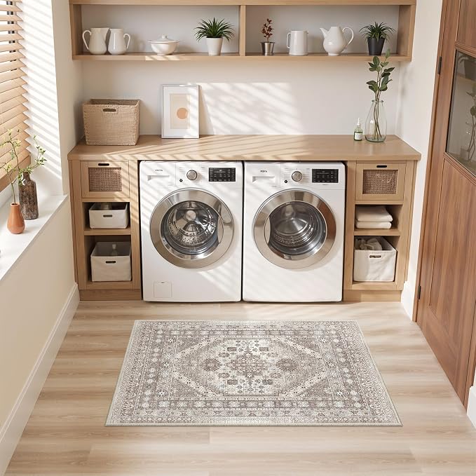 befbee 2x3 Entryway Rug Small Washable Kitchen Rugs Non Slip Front Door Rug Foldable Thin Carpet Low Pile Area Rug for Dining Room Entry Bedroom(Brown/Beige,2'x3')