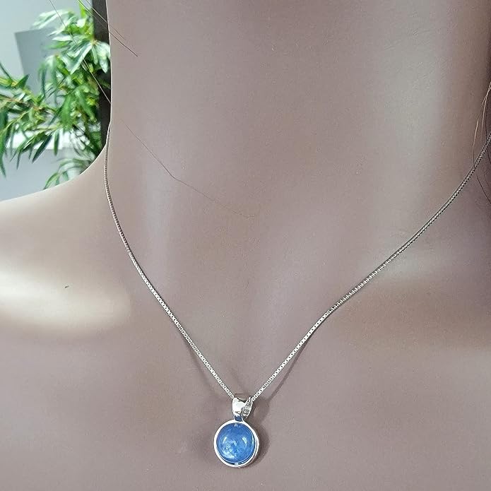 Natural gemstone 8mm round pendant with white gold over 925 sterling silver bezel cabochon plate and box chain, real genuine dainty birthstone gift for her, uniquelan jewelry