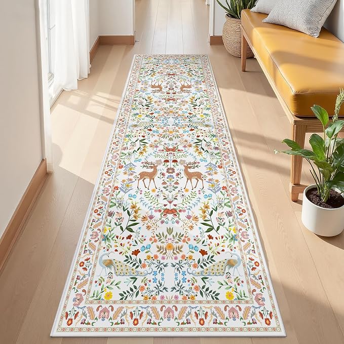 White Floral 2'6"x8' Washable Non Slip Runner Rugs for Hallways, Non Skid Stain Resistant Rug Runners for Kitchen, Entryway, Mudroom - Cottagecore Home Decor
