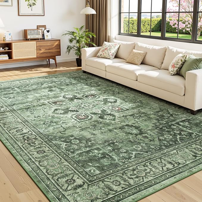 Sage Green 9x12 Vintage Boho Rug for Living Room - Washable Dining Room Rugs Under Table, Soft Low Pile Floral Moss Green Carpet for Bedroom, Non-Slip Bohemian Large Rug for High Traffic Area