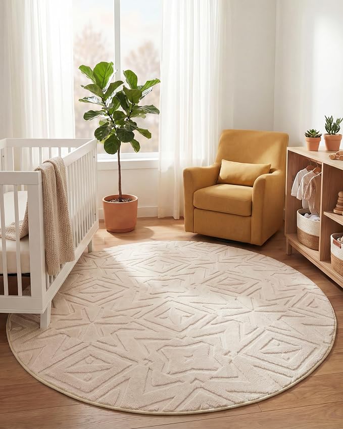 Carvapet 6.5' Round Rug Washable High Low Pile Area Rug Soft Plush Beige Carpet for Living Room Bedroom Non Slip Indoor Floor Rug for Home Kids Nursery Decor