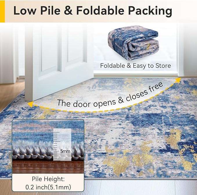 RELEANY Washable Area Rugs Square 9ft Non-Slip Modern Abstract Soft for Living Room Entryway Bedroom Kitchen, Print Pattern, Grey Blue Gold/Golden