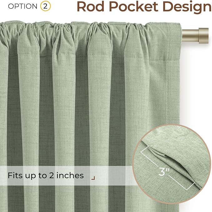 INOVADAY 100% Blackout Curtains 90 Inches Length 2 Panels Set, Back Tab/Rod Pocket Linen Black Out Curtains for Bedroom, Thermal Insulated Window Drapes - Sage Green, W50 X L90