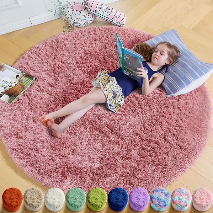 Blush Pink Fluffy Round Rug 5Ft for Bedroom, Fuzzy Plush Circle Area Rugs for Baby Kids Room Decor Aesthetic, Shaggy Circular Carpet for Teen Girls Nursery Dorm Playroom, Cute Dusty Rose Mauve Rug