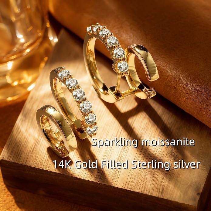 14K Gold Filled Earrings for Women Double Hoop Earring 925 Sterling Silver Post Hypoallergenic Moissanite Layered Stud Earrings, Minimalist Edgy Fine Jewelry for Everyday Wear
