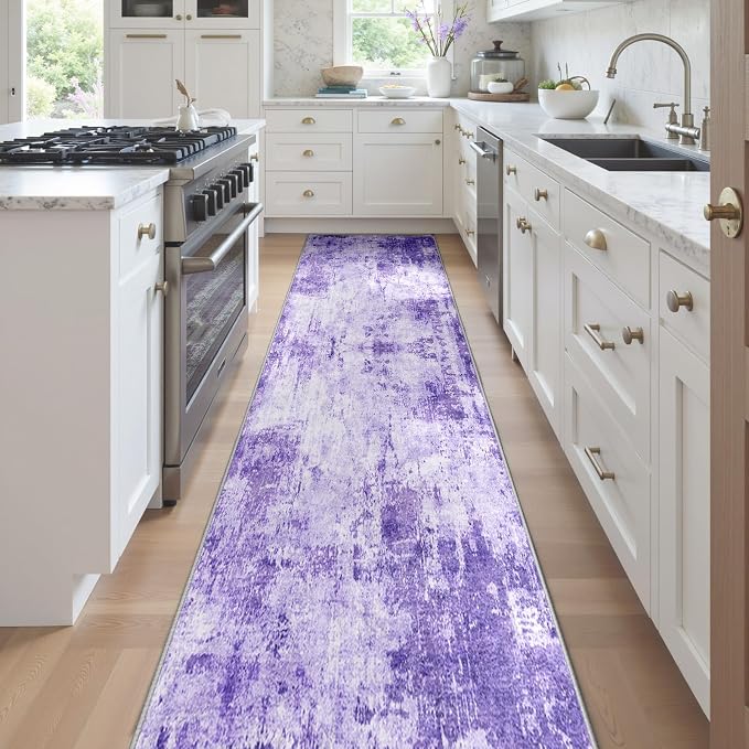 RELEANY Washable Area Rugs 2'x10' Non-Slip Modern Abstract Soft for Living Room Entryway Bedroom Kitchen, Print Pattern, Purple Gray Pink White