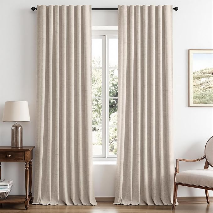 MIULEE 100% Blackout Linen Curtains 42 x 96 Inch Natural 2 Panels | Thermal Insulated, Room Darkening Drapes for Bedroom Living Room, Back Tab Rod Pocket Pinch Pleated, Solid Luxury Decor