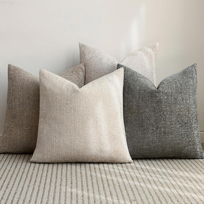 20x20 Chenille Throw Pillow Covers, Pack of 4, Neutral Beige/Grey Series
