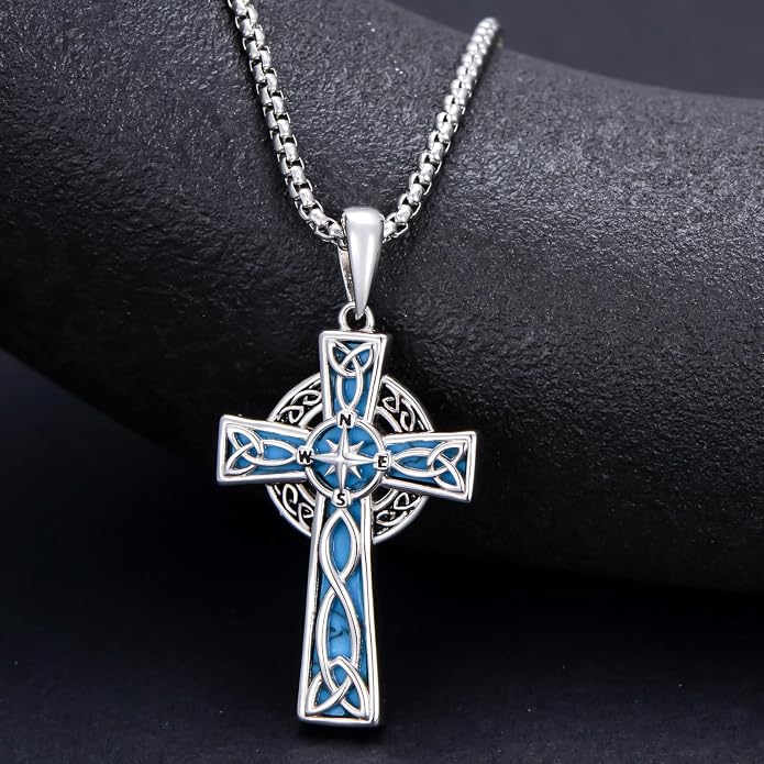 HPQQ Cross Necklace 925 Sterling Silver Turquoise Tree of Life Celtic Knot Cross Pendant Jewelry Mother's Day Gifts for Women