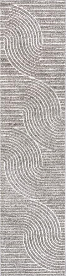 JONATHAN Y Hallie High-Low Curve Gray/Ivory Indoor/Outdoor Runner Rug, 2x10, Minimalist, Pet Friendly, Non-Shedding, Stain Resistant, Hose-Washable for Backyard, Patio, Porch (SCN100A-210)