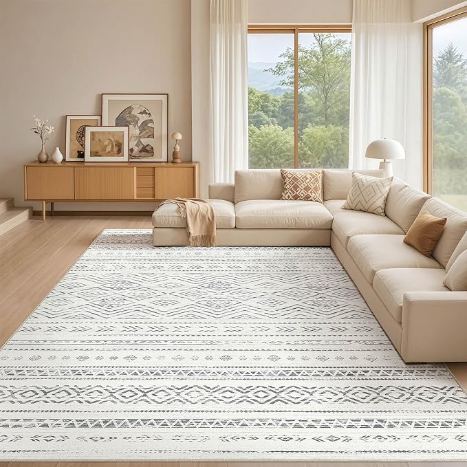 Tortania Area Rug Living Room Rugs- 10x14 Washable Large Soft Neutral Boho Moroccan Bohemian Farmhouse Rug Indoor Floor Carpet for Bedroom Under Dining Table Home Office Decor - Beige Gray