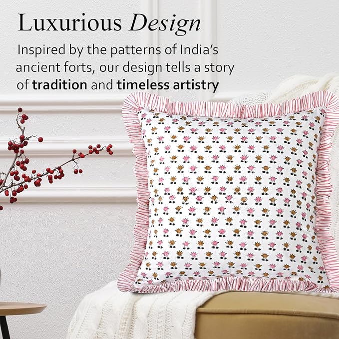 CPC Rosette Bloom Hand Block Print 100% Cotton Ruffle Throw Pillow Cover 18x18 inch with Hidden Zipper Decorative for Couch, Bed, Sofa, Farmhouse, Cottagecore Decor Gift Christmas Fall Thanksgiving