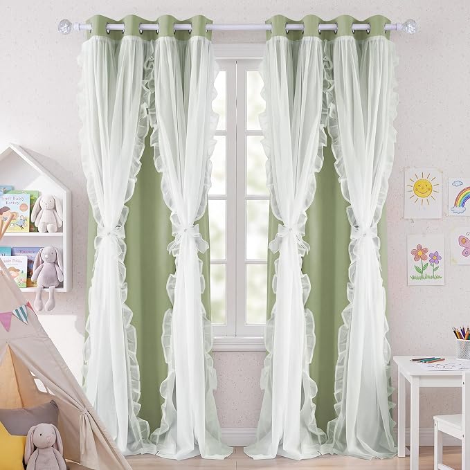 PONY DANCE 100% Blackout Curtains for Girl's Bedroom, Double Layer Grommet Curtain 84 inch Long with Sheer Overlay for Living Room, Nursery Kids Toddler Room Decor, Light Sage, 52" W x 84" L, 2 Panels