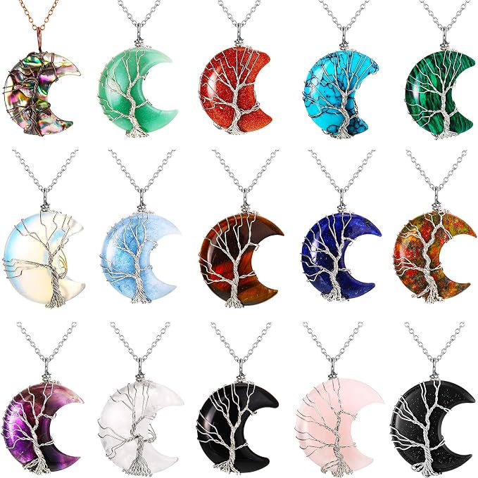 Sherr 15 Pcs Life Tree Crescent Moon Necklace Wire Wrap Natural Gemstones Pendant Healing Crystal Necklaces Reiki Spiritual Multicolored Jewelry Gift for Women