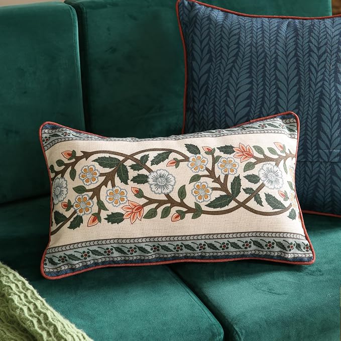 ISAENNE Vintage Linen Throw Pillow Cover,Set of 2,20"x12"-Naples C | Designer French Elegant Pillow Cover,Concealed Zipper Design,Floral Pattern,Sofa,Bedroom,Living Room,Lounge Chairs