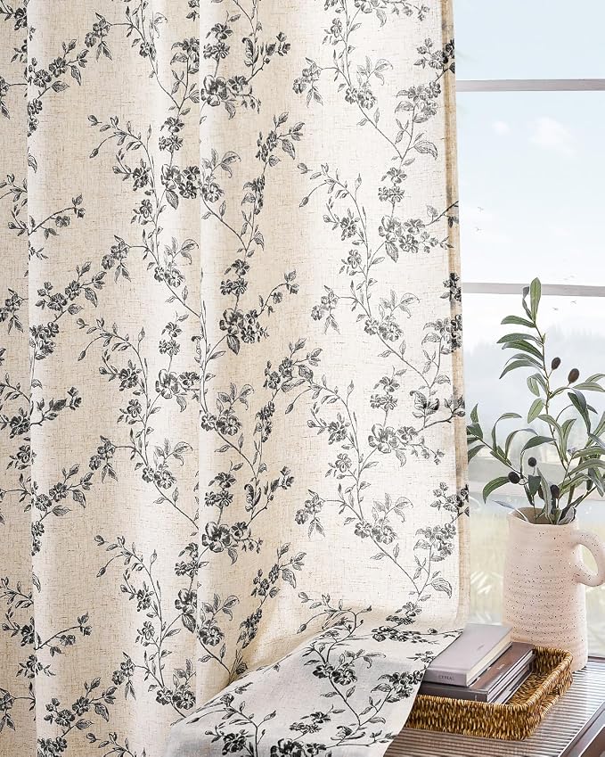 Lazzzy Farmhouse Linen Curtains Black Floral Curtains 96 Inch Length Back Tab Drapes for Living Room Bedroom Light Filtering Country Vintage Rod Pocket, 2 Panels, Black on Beige